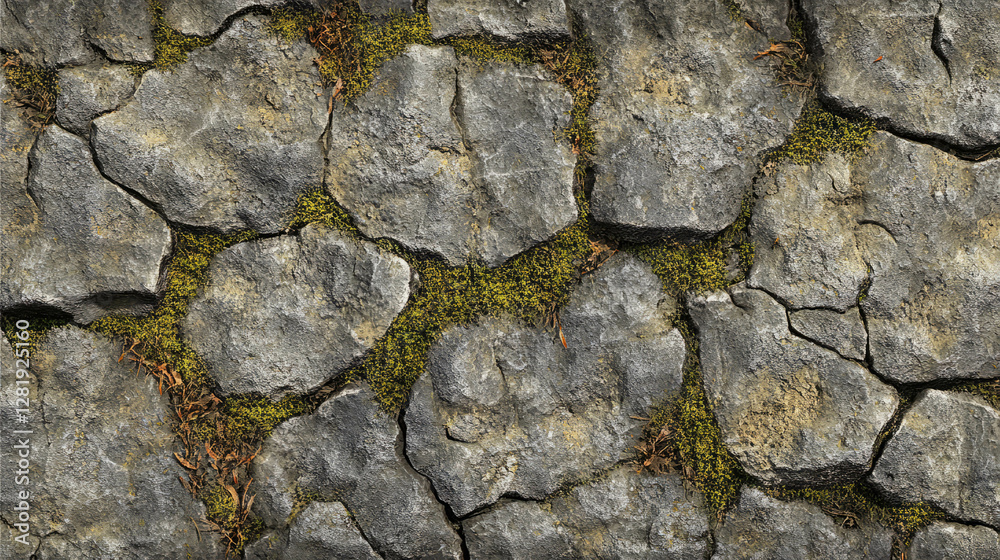 Olive moss growth on cracked earth surface for natural texture and design