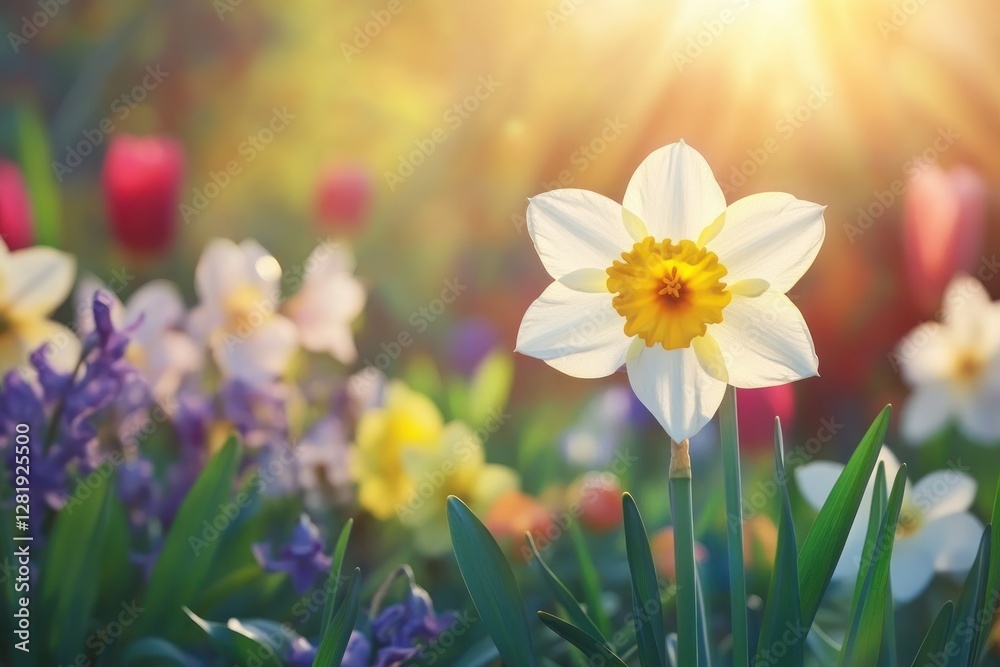 Fototapeta premium Beautiful Spring Flower Garden with Daffodil in Sunrise Glow and Colorful Blooms Around It