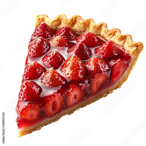 A slice of strawberry pie with a golden-brown crust and red glazed strawberries on top.