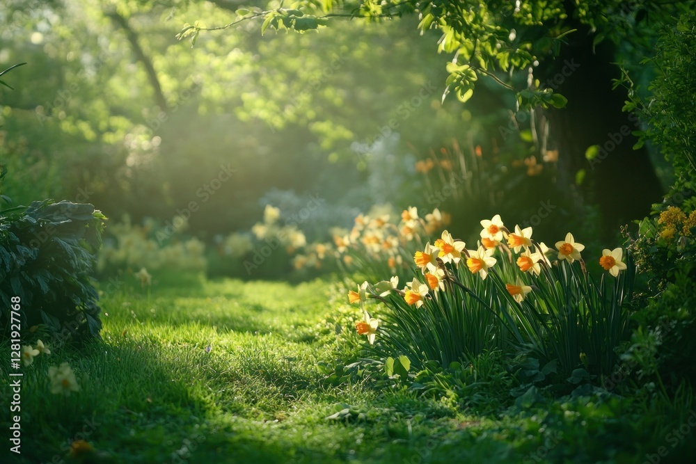 Obraz premium Serene Garden Pathway Lined with Vibrant Daffodils and Lush Greenery in Soft Morning Light