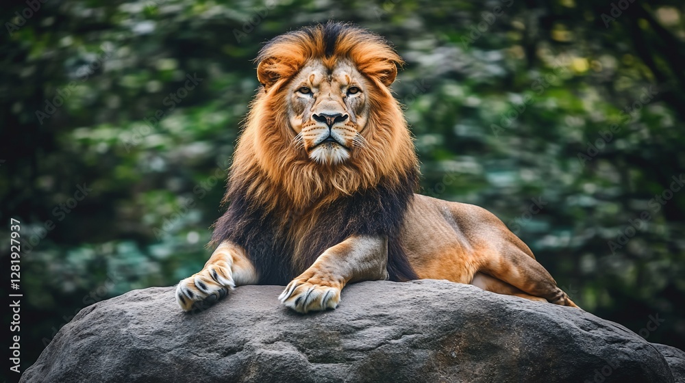 Naklejka premium Majestic lion rests on rock, lush foliage backdrop, zoo setting, wildlife photography