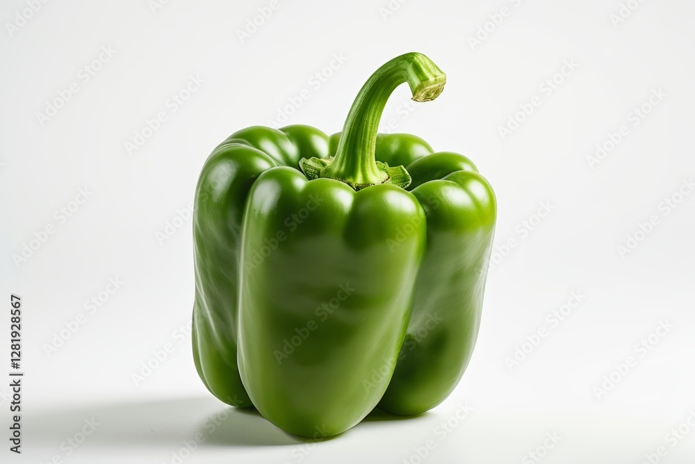 there is a green pepper that is sitting on a white surface there is a green pepper that is sitting on a white surface
