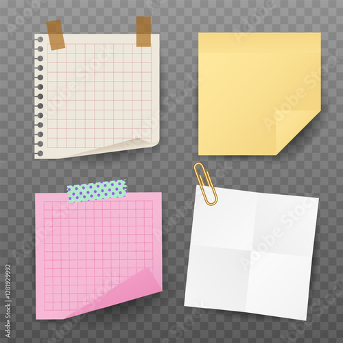 Set of Realistic Sticky Notes and Torn Paper Sheets with Tape and Paper Clips. Colorful Memo Pads and Notebook Paper. Vector Illustration.