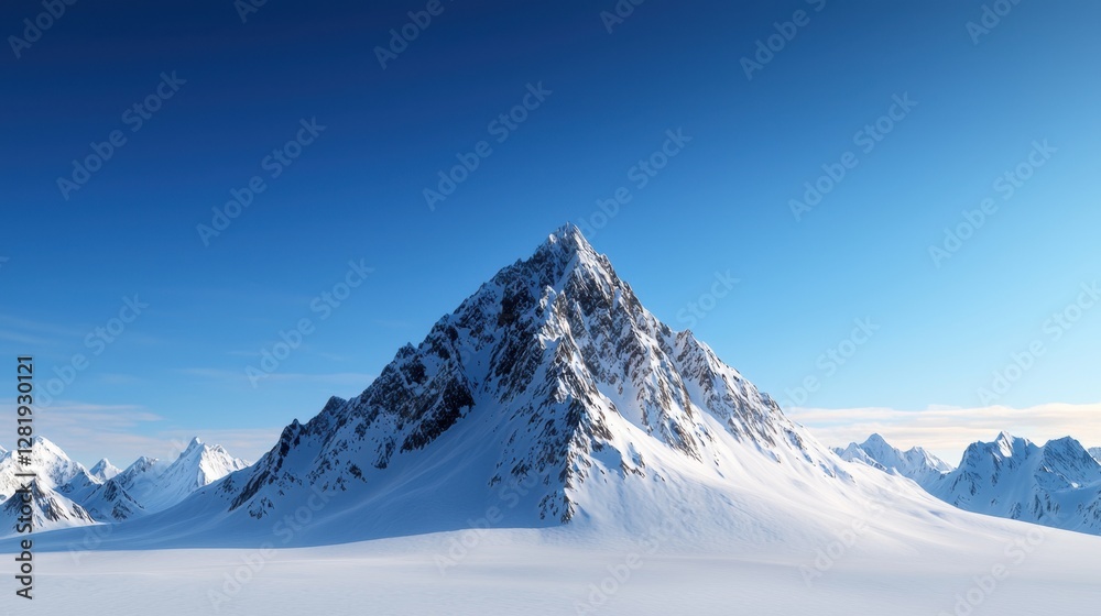 A mountain range with a snow covered peak and a blue sky A mountain range with a snow covered peak and a blue sky