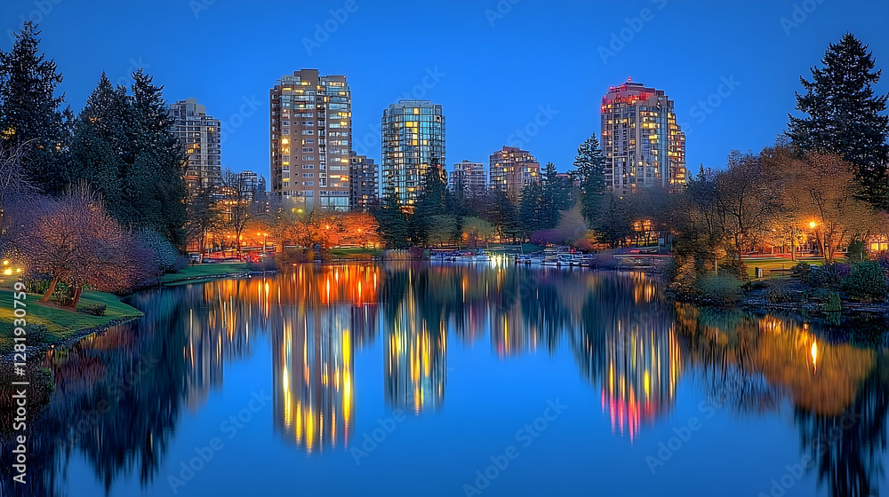 Naklejka premium City skyline reflected in tranquil evening lake