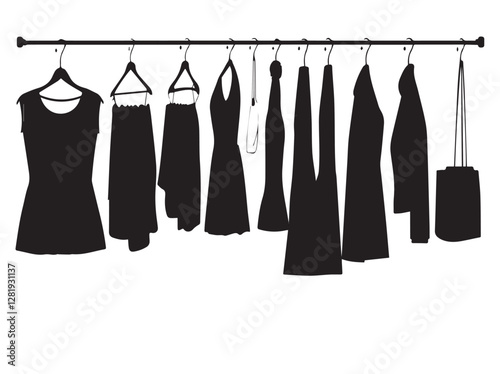 Stylish fashion clothes hanging on hangers. Woman wardrobe illustration. Black sketch dress