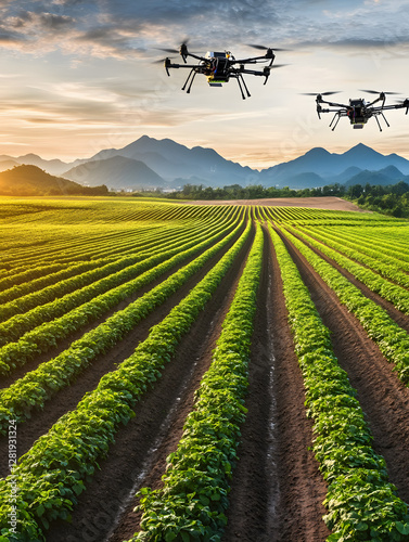 A smart agriculture scene with drones and technology working in the field