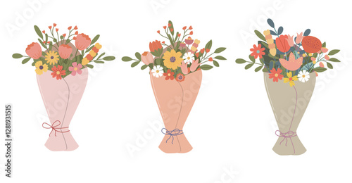 Bouquets of flowers. A bouquet of garden flowers in pastel wrapping, featuring wildflowers and greenery. Perfect for invitations, prints, and design projects.