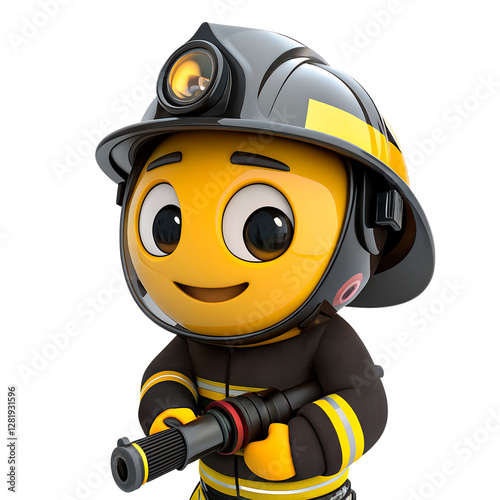 A firefighter emoji in a dark uniform with yellow stripes. A helmet with a headlamp on top, holding a fire hose. A smiling and confident face.