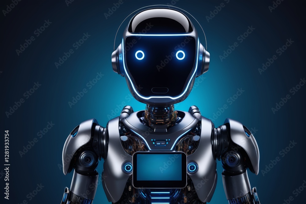a close up of a robot with a blue light on its face a close up of a robot with a blue light on its face
