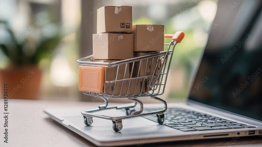 Small shopping cart with cardboard boxes on a laptop, representing digital retail and internet commerce. Small shopping cart with cardboard boxes on a laptop, representing digital retail and internet commerce.