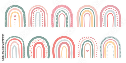 Boho rainbow set isolated on white background. Cute rainbow with hearts. Scandinavian style. Vector illustration.