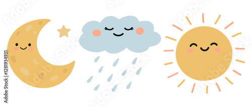 Cute cartoon crescent moon, rain cloud and sun isolated on white background. Weather boho. Vector illustration.