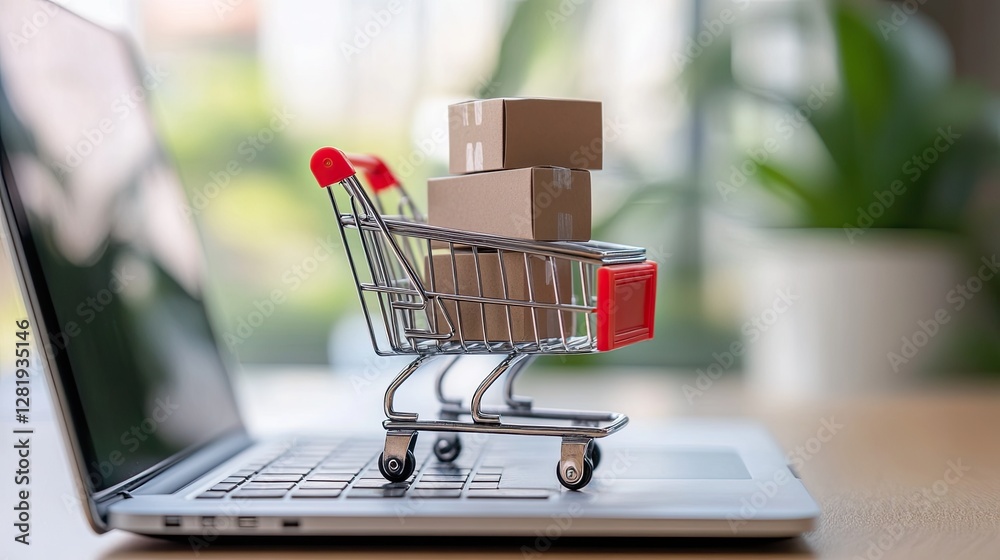 Tiny shopping cart with miniature delivery boxes on a laptop, representing fast and secure online shopping. Tiny shopping cart with miniature delivery boxes on a laptop, representing fast and secure online shopping.
