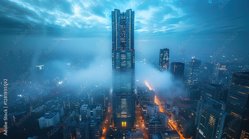 Very Tall Building in a City at Night Business Background Very Tall Building in a City at Night Business Background