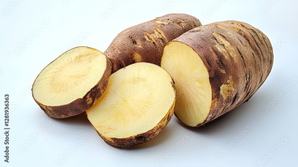 Fresh taro roots and slices on white background Fresh taro roots and slices on white background