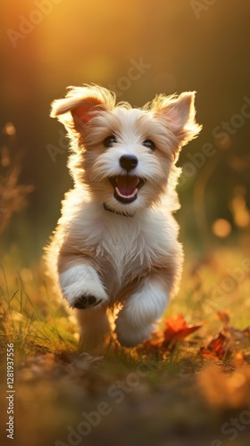A small dog rolling around on the green lawn, its tail wagging non-stop as it enjoys the sunny outdoor play.