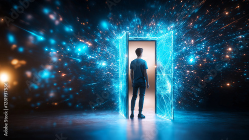 man stands in front of open door, surrounded by vibrant, glowing atmosphere. scene conveys sense of wonder and exploration, inviting viewers to imagine what lies beyond