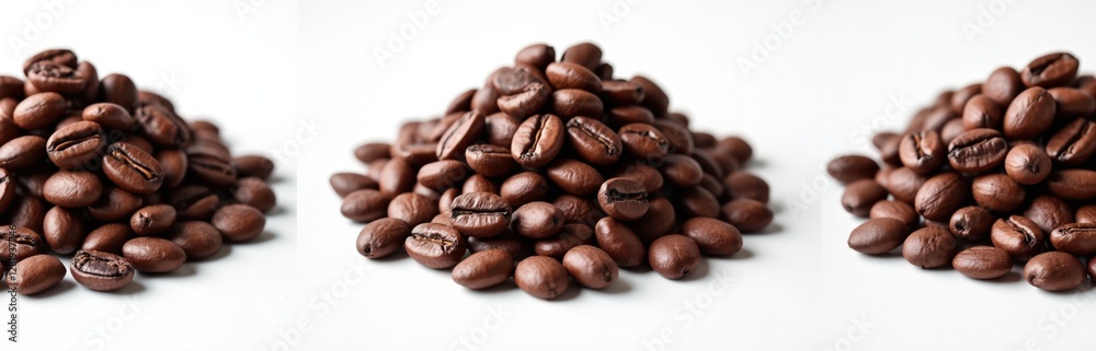 Three sets of brown roasted coffee beans are stacked in pile on white background. Ingredient for espresso, cappuccino, latte beverage preperation. Good for food industry, cafes, catering service ads. Three sets of brown roasted coffee beans are stacked in pile on white background. Ingredient for espresso, cappuccino, latte beverage preperation. Good for food industry, cafes, catering service ads.