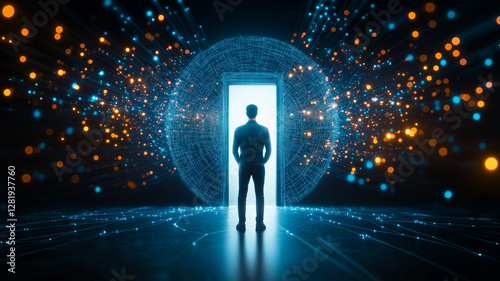man stands in front of open door illuminated by vibrant light, surrounded by digital sphere of glowing particles, evoking sense of wonder and possibility