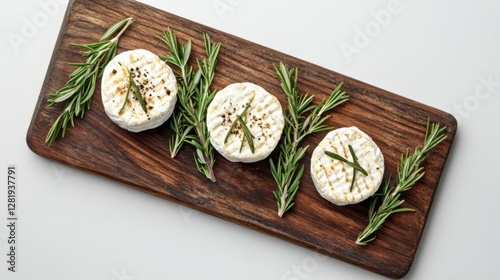 Camembert cheese on wooden board with fresh rosemary garnish photo