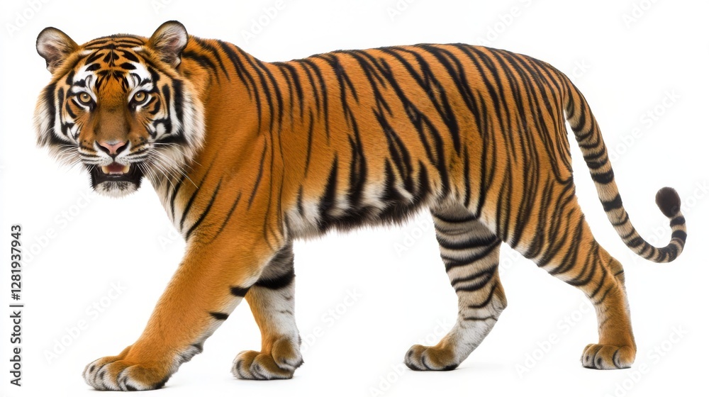 Obraz premium Majestic bengal tiger standing against white background showcasing striking orange and black stripes