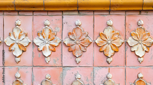Floral pattern on pink and orange tiled wall texture for decorative design
