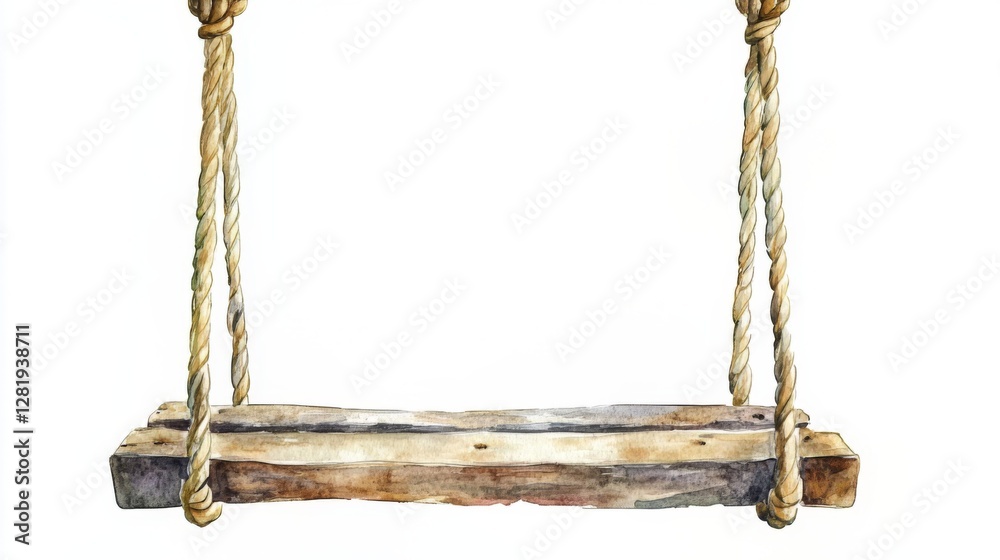Rustic wooden swing with rope against a white background Rustic wooden swing with rope against a white background
