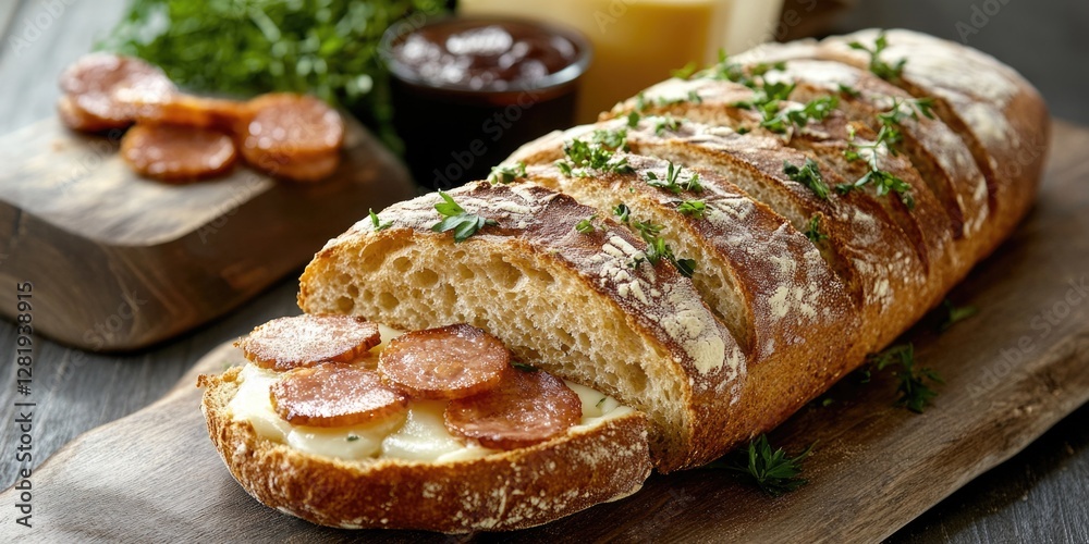 Slice of artisan sourdough bread topped with melted cheese and pepperoni, served as an appetizer or a snack. Slice of artisan sourdough bread topped with melted cheese and pepperoni, served as an appetizer or a snack.