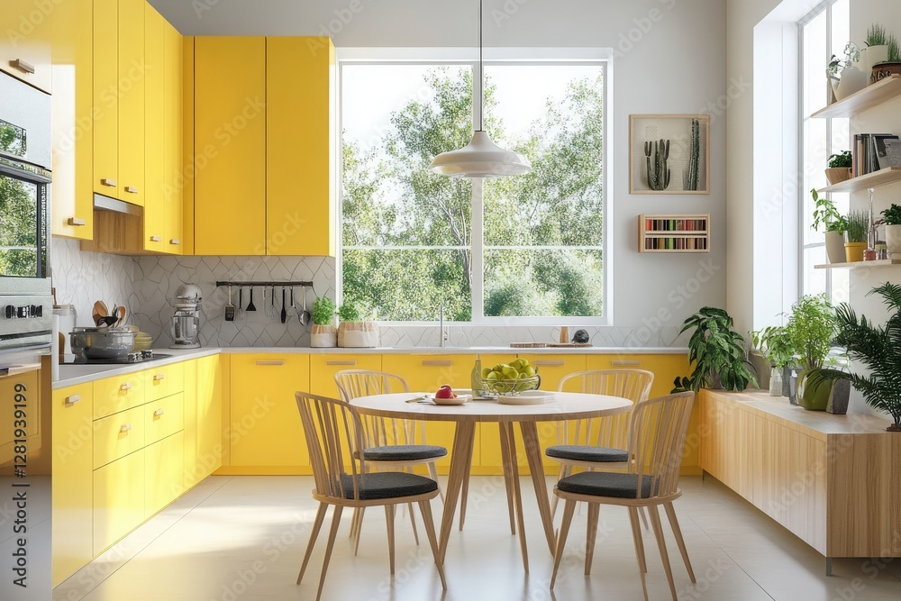 Fototapeta premium Modern kitchen interior with yellow cabinets, round table, and wooden chairs, bright window view, minimalist decor and clean design.