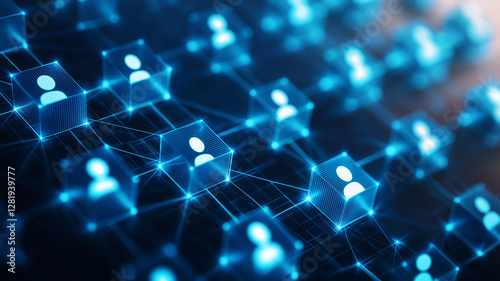 Digital network with glowing blue cubes representing connections