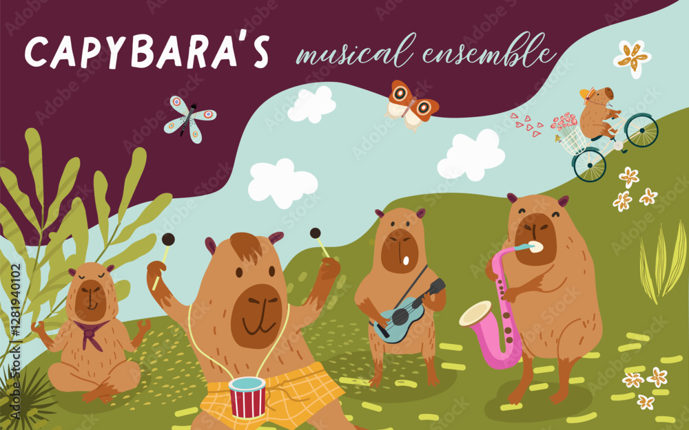 Naklejka premium Collage, horizontal banner, background with cute capybara playing musical instruments, meditating, riding a bike, fun characters. Hand drawn vector illustration.