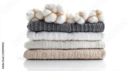 Stack of cozy knit sweaters with cotton on white background