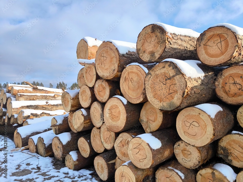A wood material logging. Mass deforestation. Freshly cut tree logs piled up. Timber stack in the forest in winter. Ecological problem. A wood material logging. Mass deforestation. Freshly cut tree logs piled up. Timber stack in the forest in winter. Ecological problem.