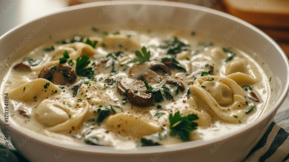 Creamy Tortellini Soup: A close-up shot showcases a comforting bowl of creamy tortellini soup, artfully garnished with fresh herbs and succulent mushroom slices. Creamy Tortellini Soup: A close-up shot showcases a comforting bowl of creamy tortellini soup, artfully garnished with fresh herbs and succulent mushroom slices.