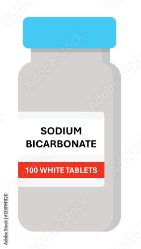 Sodium bicarbonate oral tablet, plastic white medicine container with 100 white tablets isolated on white background. Vector. It is a drug used to treat metabolic acidosis.