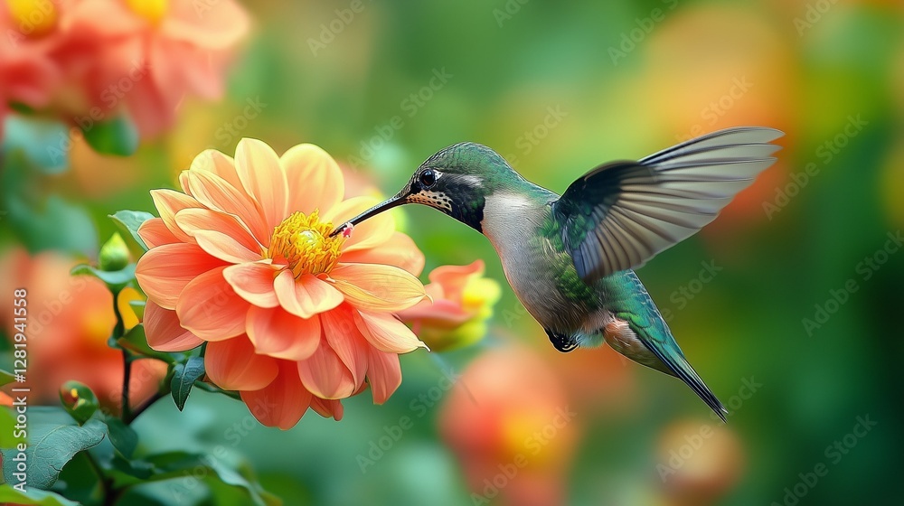 Fototapeta premium A hummingbird is delicately hovering in front of a bright orange flower. The garden is filled with colorful blooms under the warm sunlight, creating a lively atmosphere.