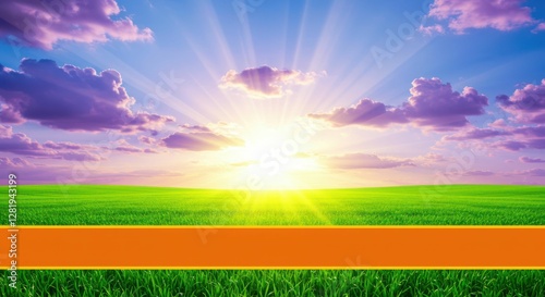 Vibrant sunrise over green field with dramatic clouds and golden sun rays