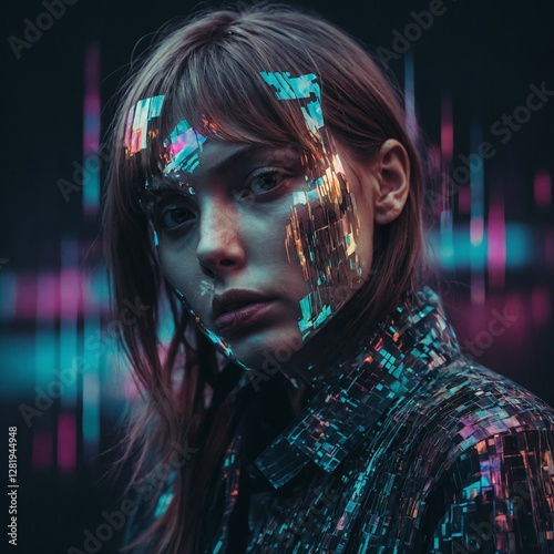 Abstract human portraits with glitch effects and holographic textures