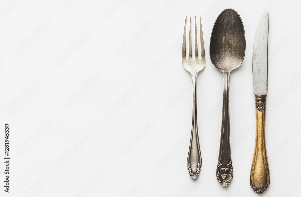 Antique Silverware Set on White Background Antique Silverware Set on White Background