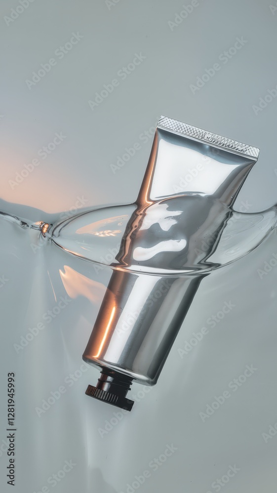 Obraz premium Metallic squeeze tube of cosmetic cream partially submerged in clear water with gentle waves reflecting soft light