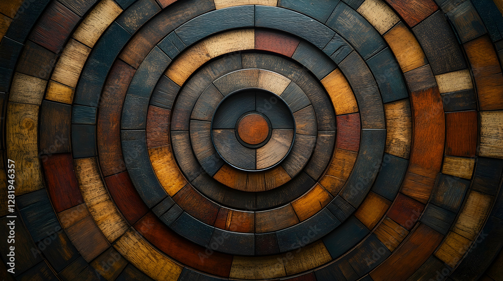 Fototapeta premium Wooden concentric circles, artisan craftsmanship, dark tones, background texture, design element