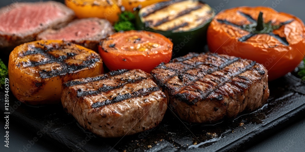 A sumptuous platter featuring grilled meats and vegetables, showcasing culinary delight and appetizing charisma. A sumptuous platter featuring grilled meats and vegetables, showcasing culinary delight and appetizing charisma.