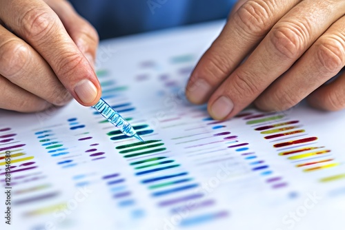 Close-up of hands holding a pipette over colorful genetic sequencing data on paper photo