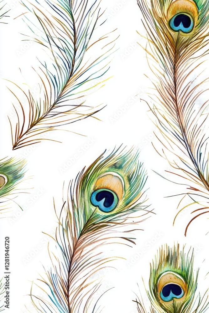 Fototapeta premium Peacock feathers in a repeating pattern on a light gray background.