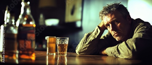 A weary man in a dimly lit bar rests his head on his hand, surrounded by glasses of whiskey, reflecting solitude and introspection.