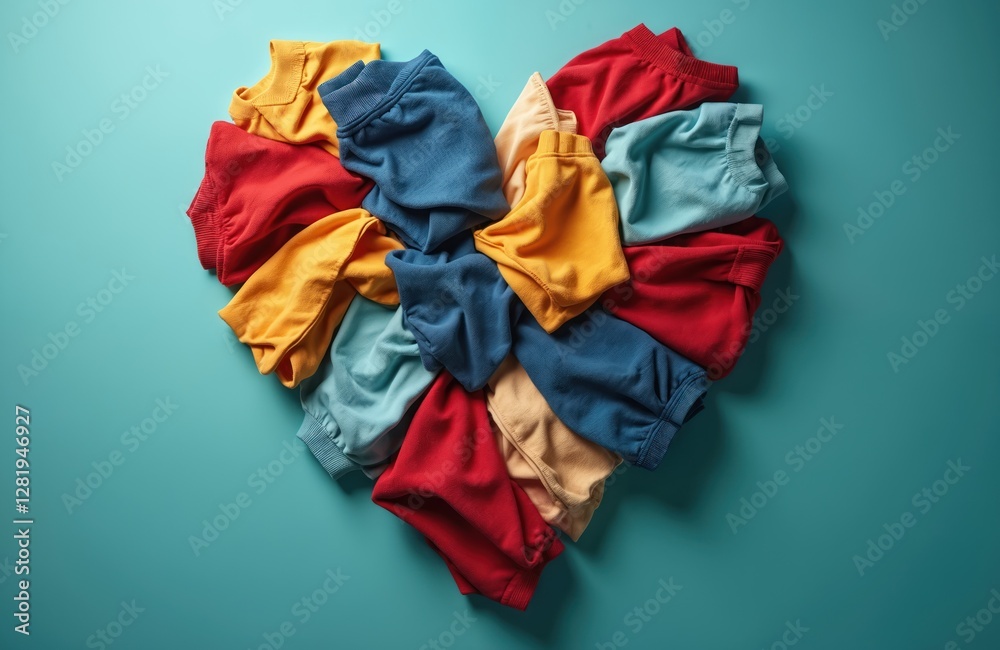 Pile of colorful clothes laid out in heart shape. Symbol of love. Creative concept of recycling old clothes, reuse, reasonable consumption and eco friendliness lifestyle. Pile of colorful clothes laid out in heart shape. Symbol of love. Creative concept of recycling old clothes, reuse, reasonable consumption and eco friendliness lifestyle.