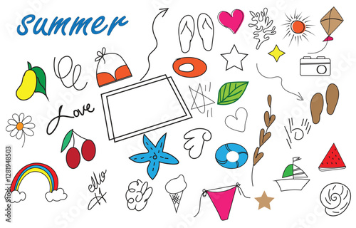 Handdrawn summer elements, beach party and picnic decor set illustration vector
