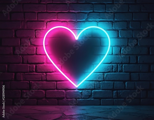 Glowing neon heart sign on dark brick wall. Pink and blue light art. Romantic electric symbol for Valentine day, love celebration. Modern design element with graphic shape.