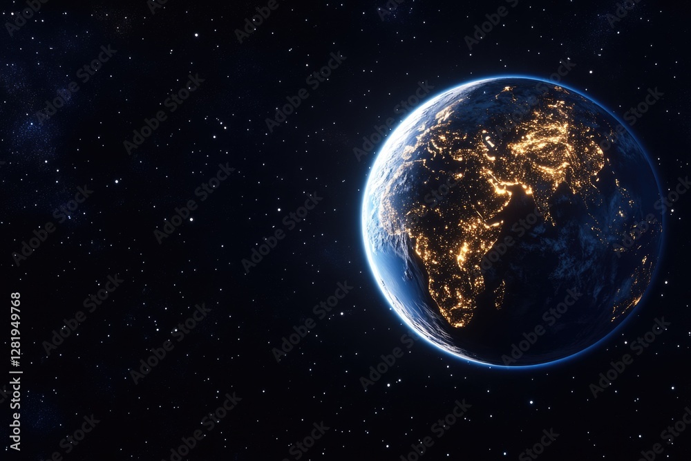 Obraz premium Image of the Earth at night showing urban areas glowing with city lights.